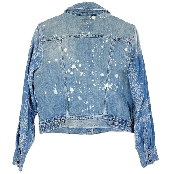 Levis Jean Jacket Womens Medium Large Cropped Upcycled Distressed Blue Handmade - Picture 2 of 16